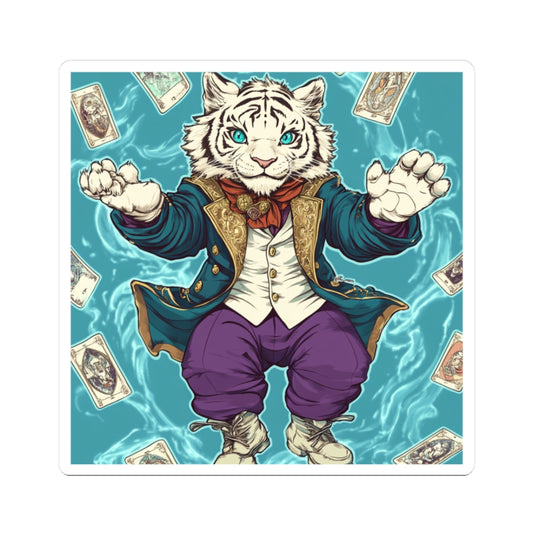 White Tiger with Floating Tarot Cards Vinyl Sticker – Durable, Easy to Apply, Perfect for Indoor Decor – 100% Vinyl, No Bubble, Non-Waterproof